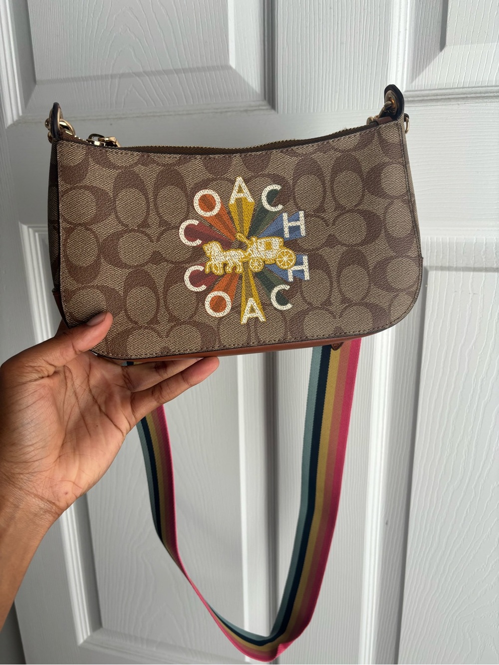 Coach Brown Signature Canvas Crossbody with Rainbow Logo and Stripe Strap